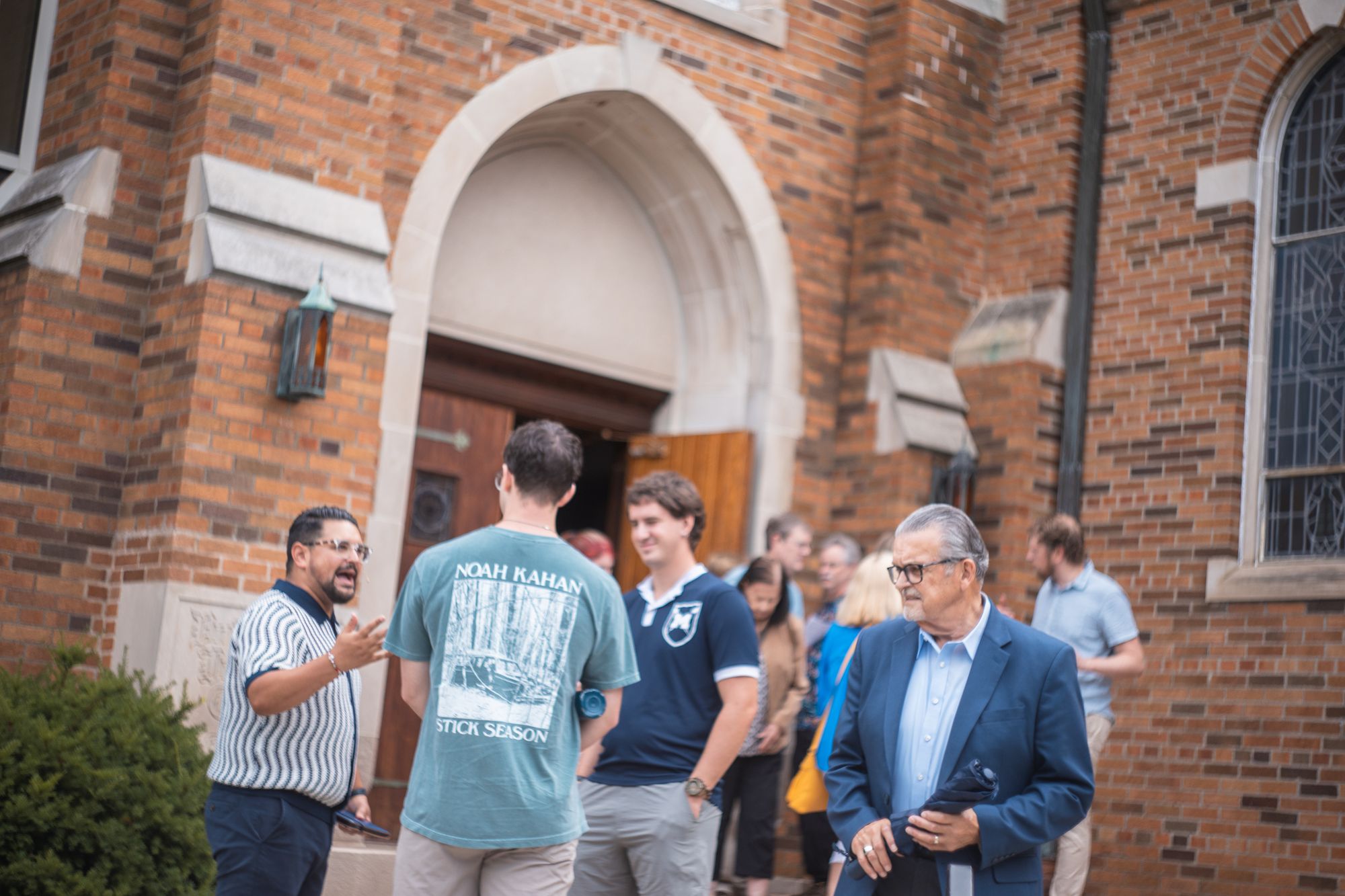 Conversation outside the chapel after gathering