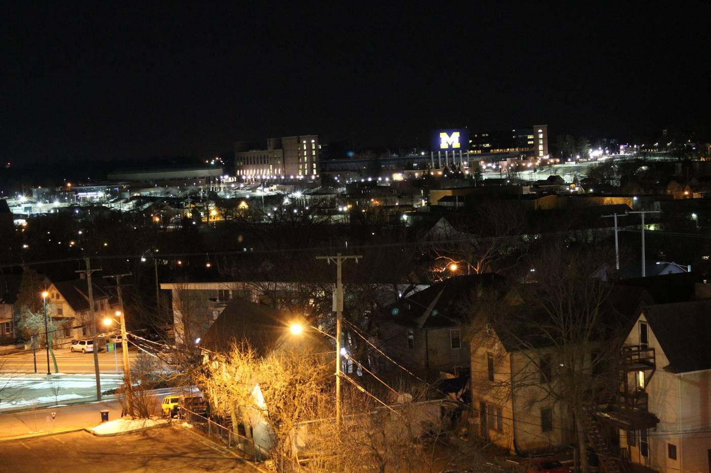 Night view toward Michigan Stadium and campus